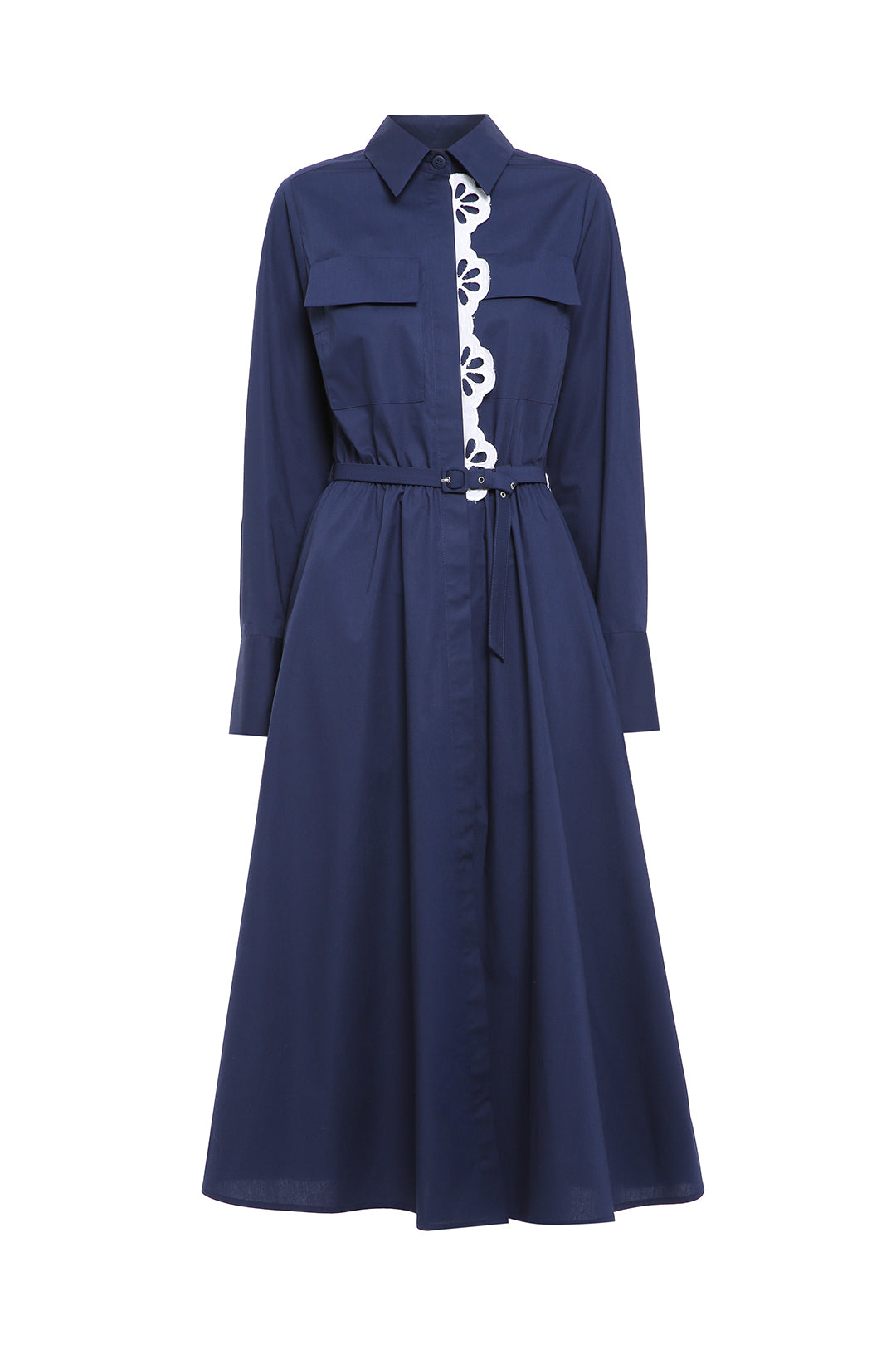 Navy blue cotton shirt dress with removable detail – POUSTOVIT
