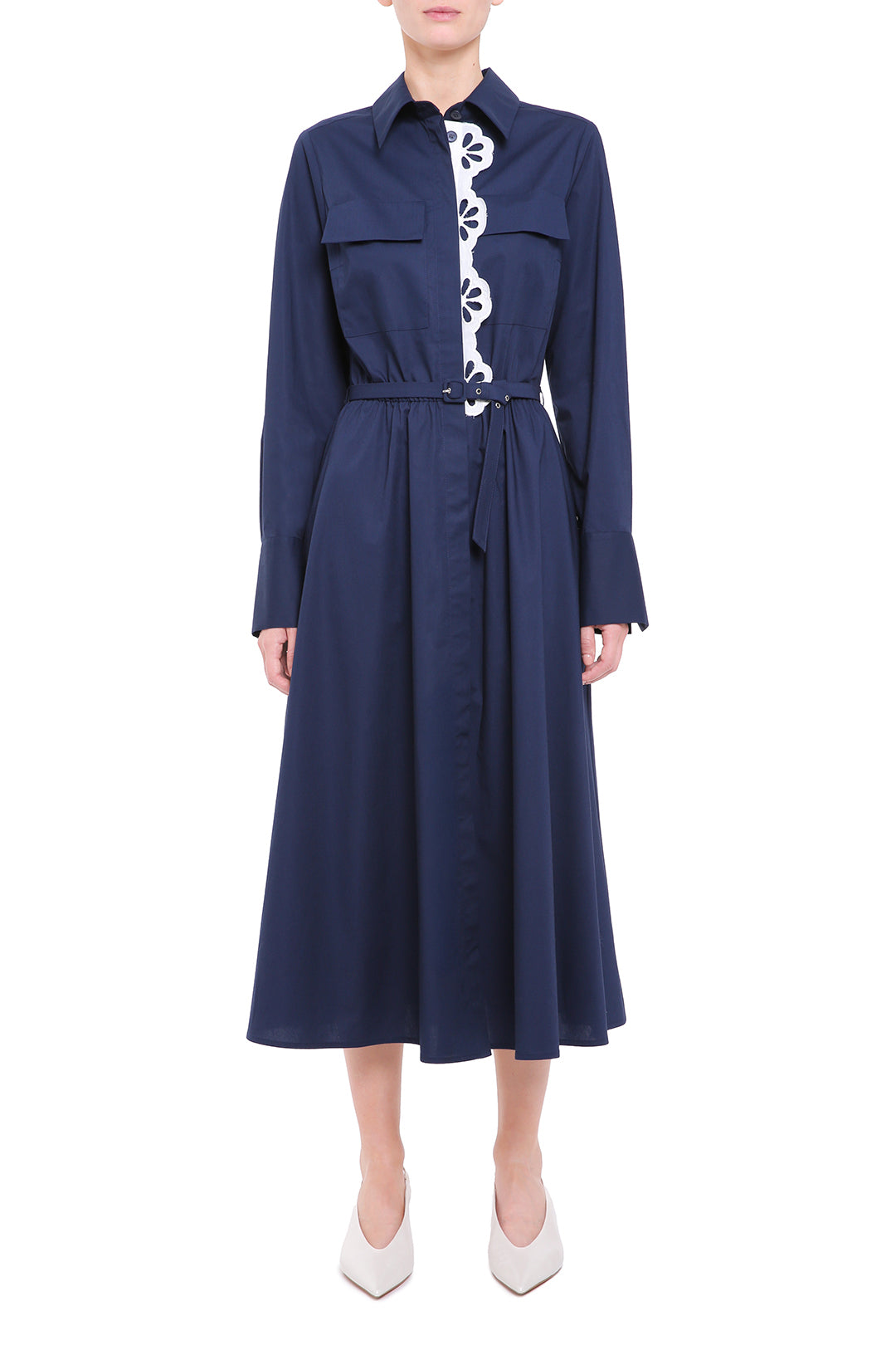 Navy blue cotton shirt dress with removable detail POUSTOVIT Navy blue cotton shirt dress with removable detail POUSTOVIT