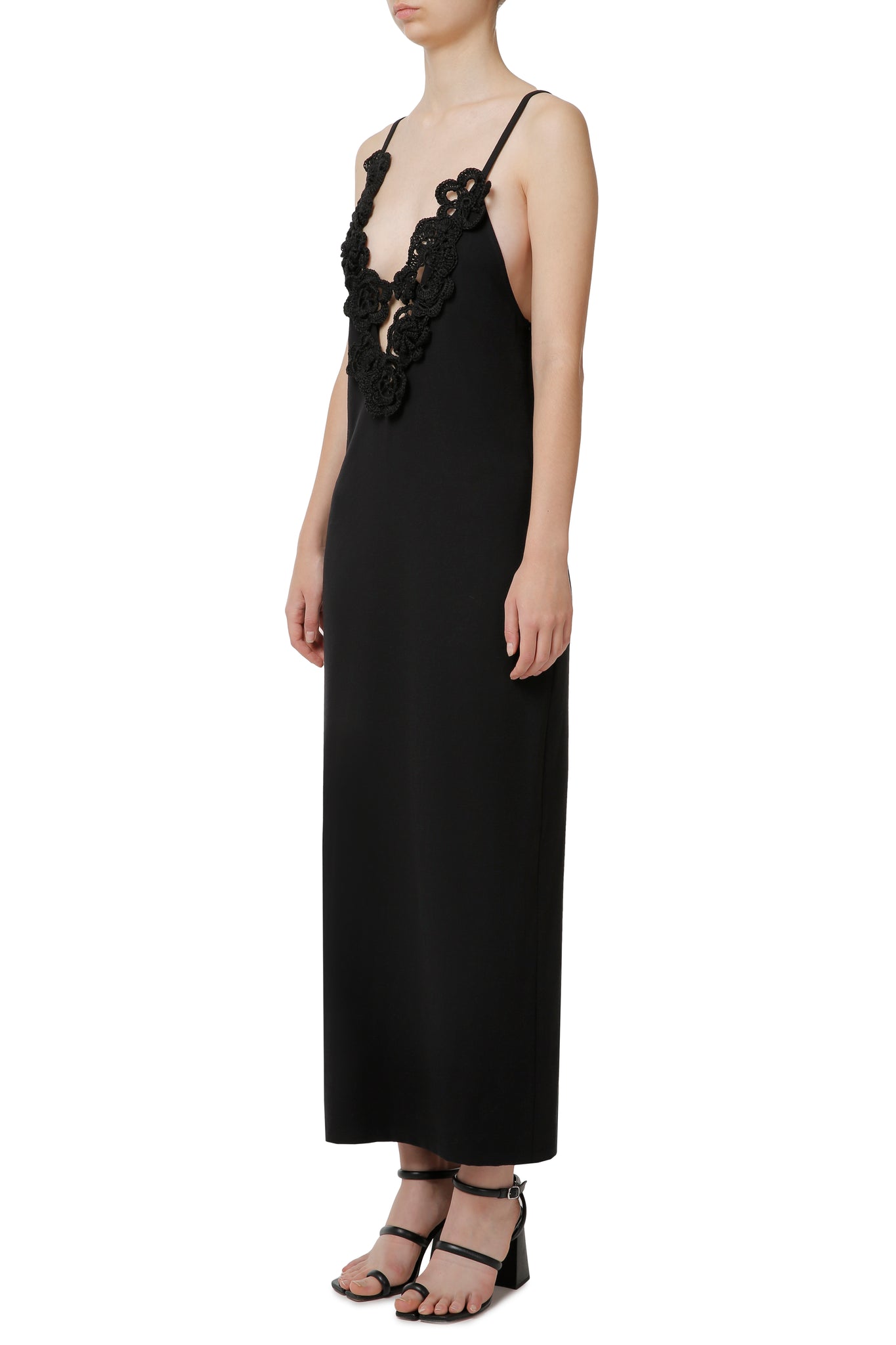 Black slip-dress with hand-knit details