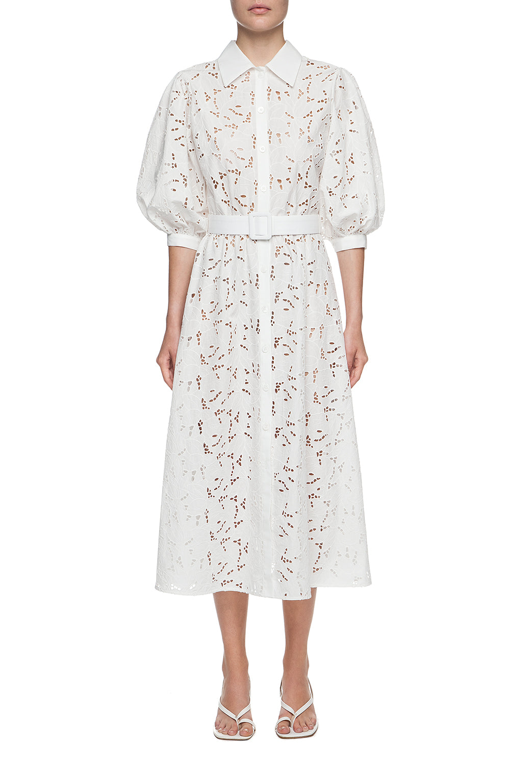 White cotton embroidered shirt-dress