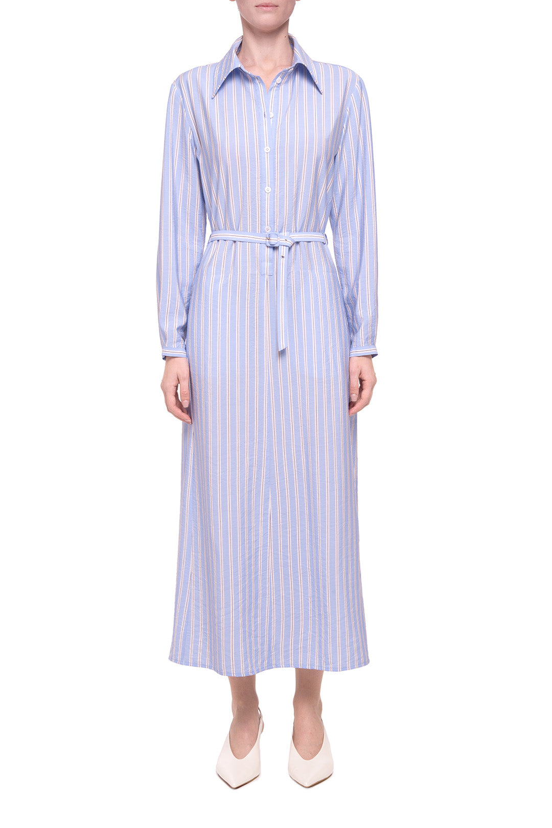 Blue striped shirt dress with removable detail