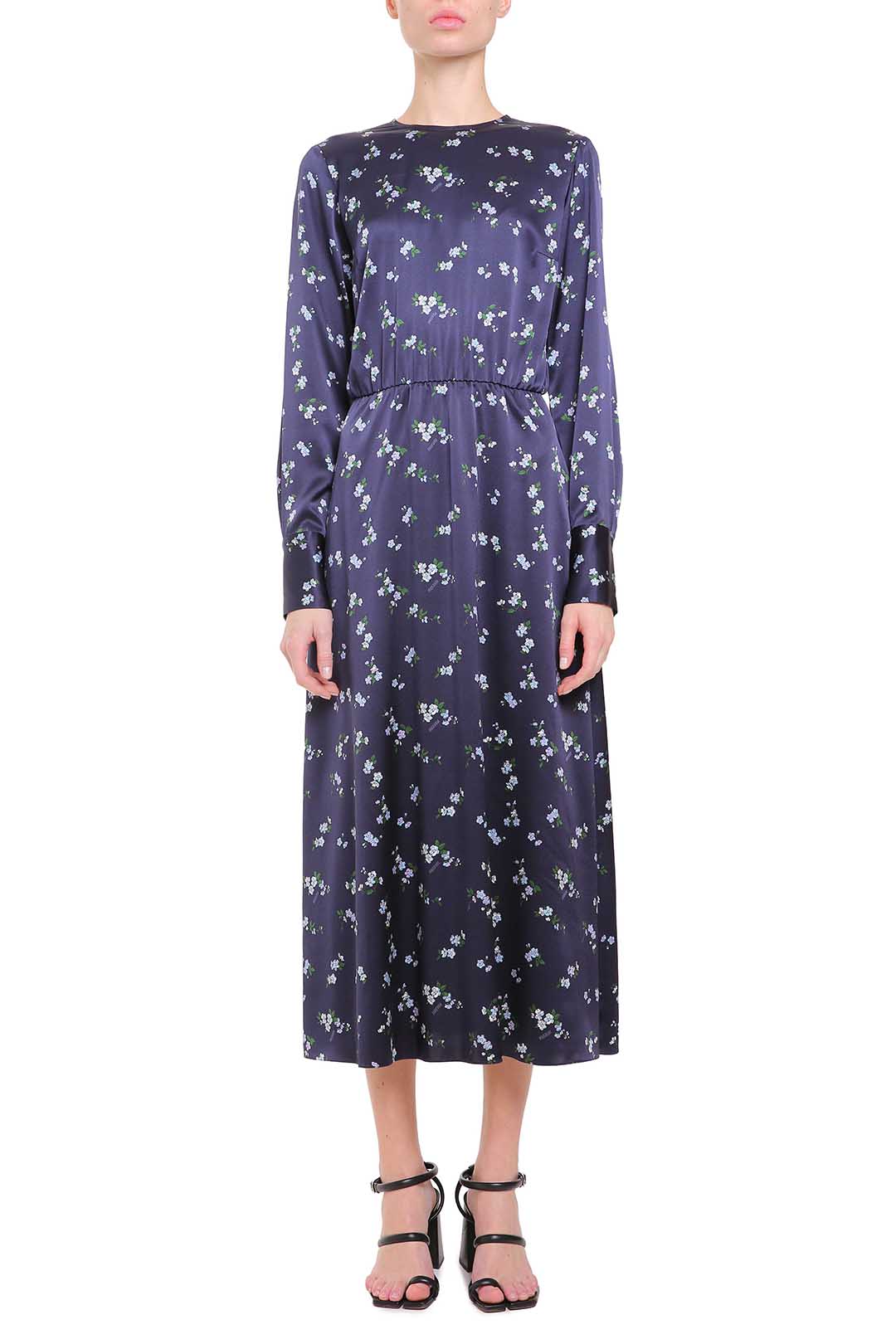 Navy blue silk printed dress with silk carré