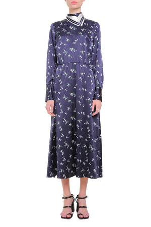 Navy blue silk printed dress with silk carré