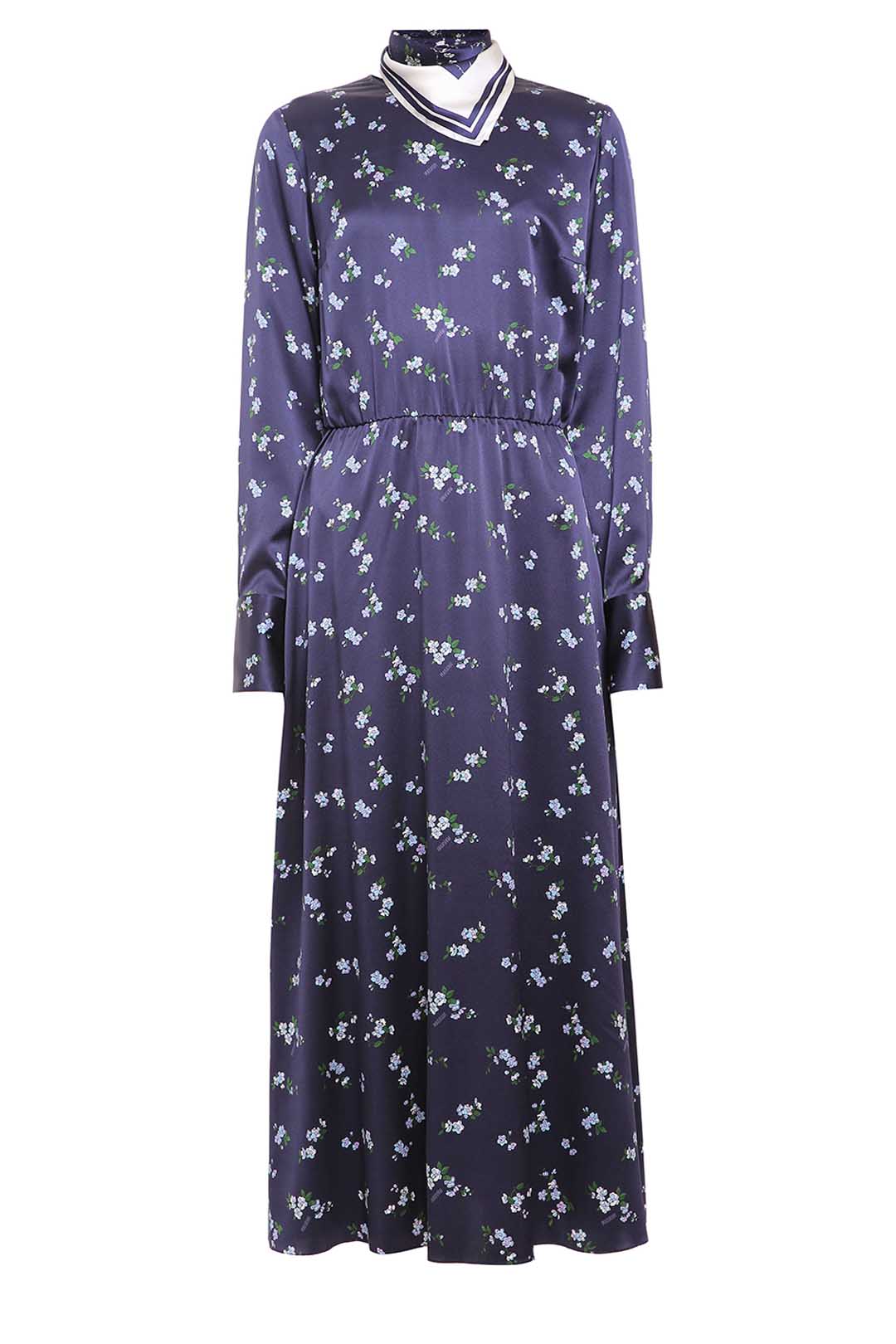 Navy blue silk printed dress with silk carré