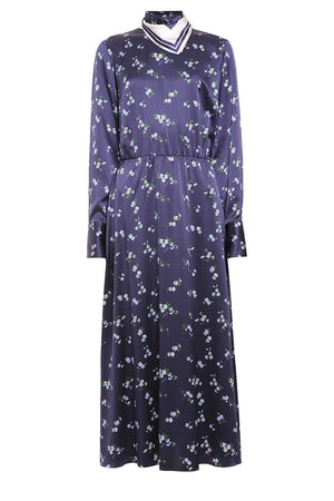 Navy blue silk printed dress with silk carré