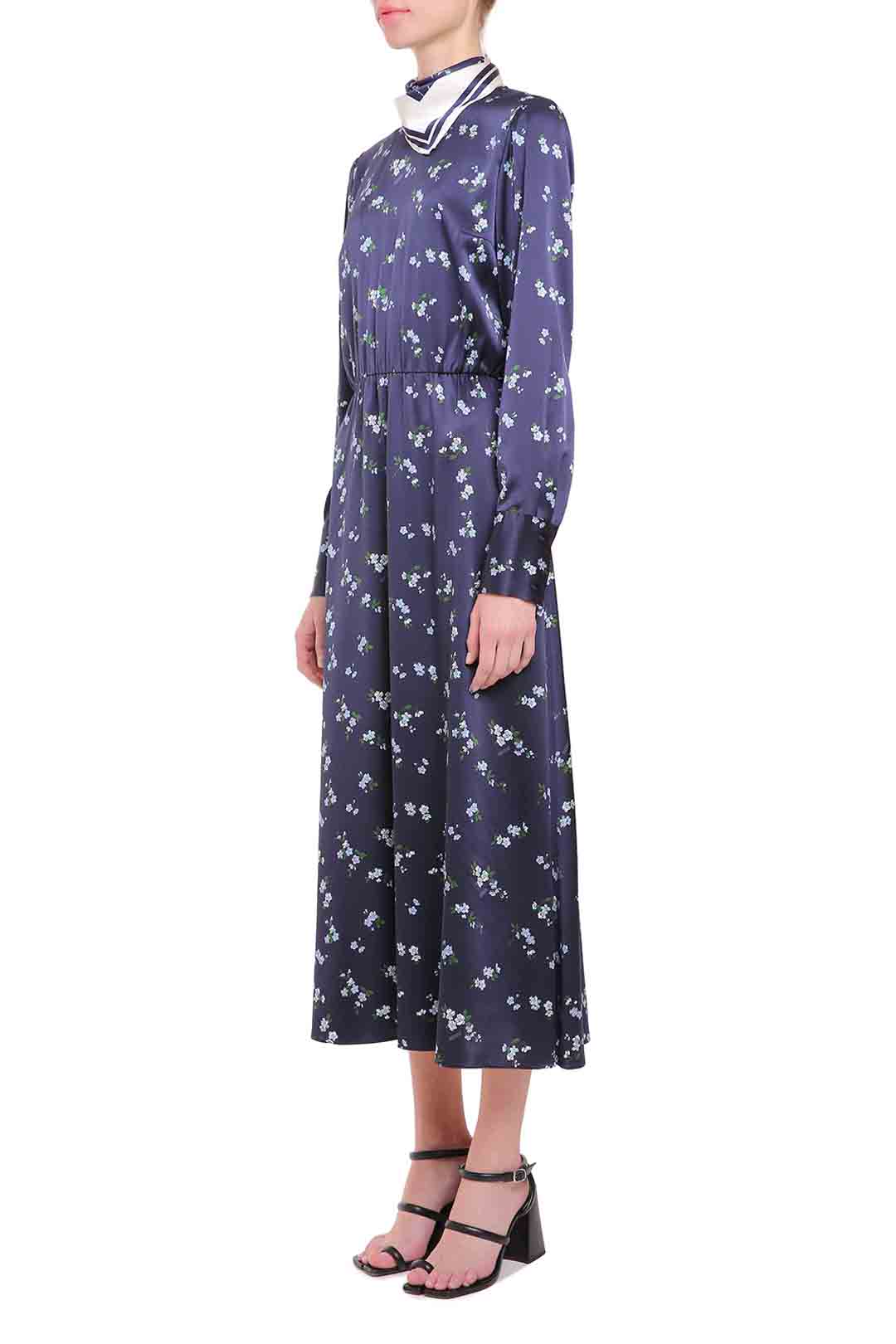 Navy blue silk printed dress with silk carré