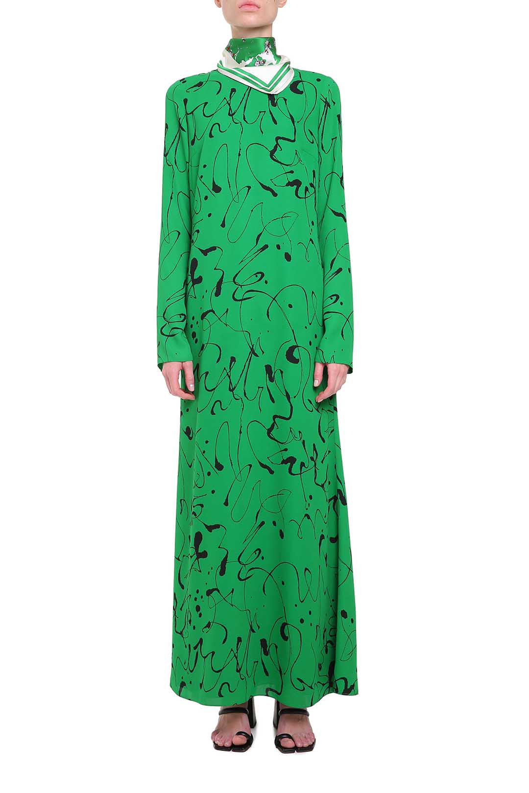 Green maxi printed dress with silk carré