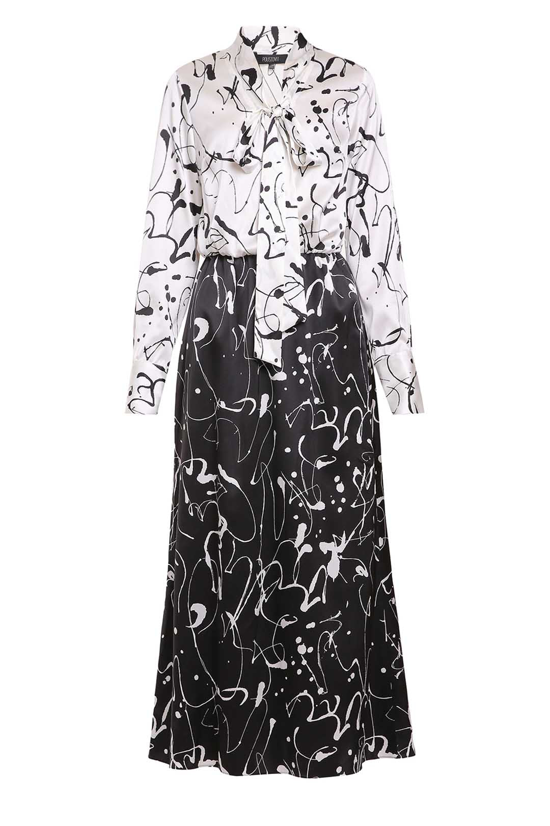 Black & white silk midi dress with ties