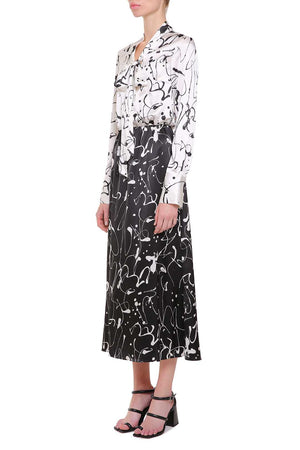 Black & white silk midi dress with ties