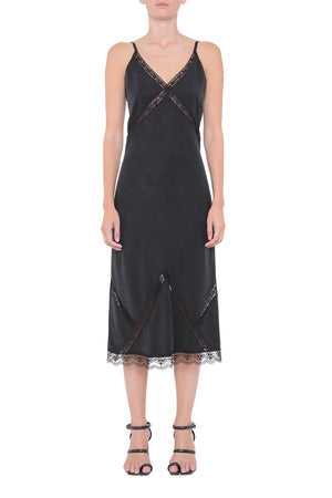 Black viscose slip-dress with lace details