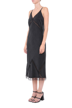 Black viscose slip-dress with lace details