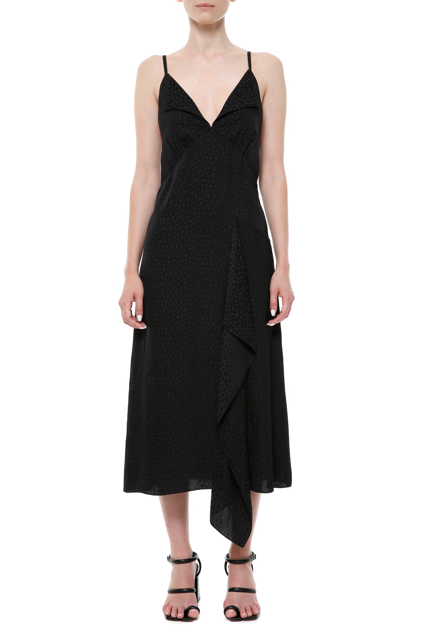 Black jacquard slip-dress with an asymmetrical flounce