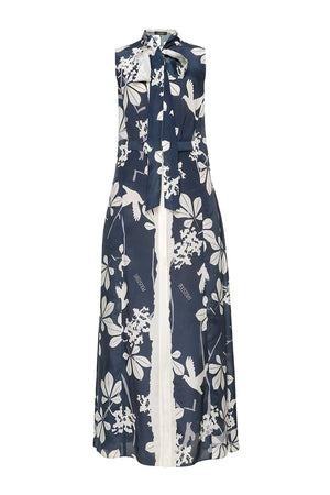 Blue viscose printed dress with ties
