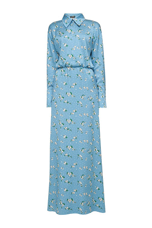 Блакитна шовкова сукня максі з принтом