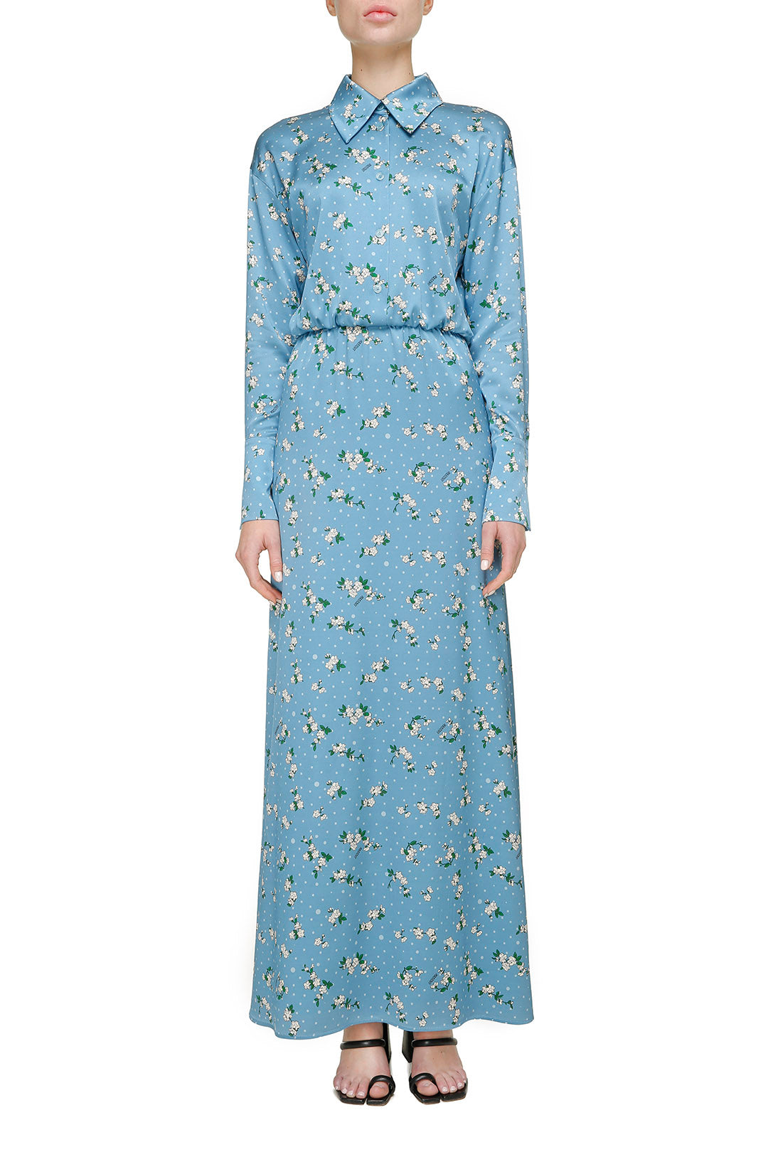 Блакитна шовкова сукня максі з принтом