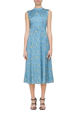 Блакитна шовкова сукня з квітковим принтом