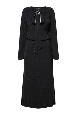 Black jacquard dress with ties on the neck