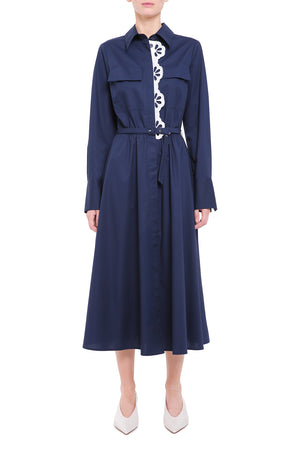 Navy blue cotton shirt dress  with removable detail