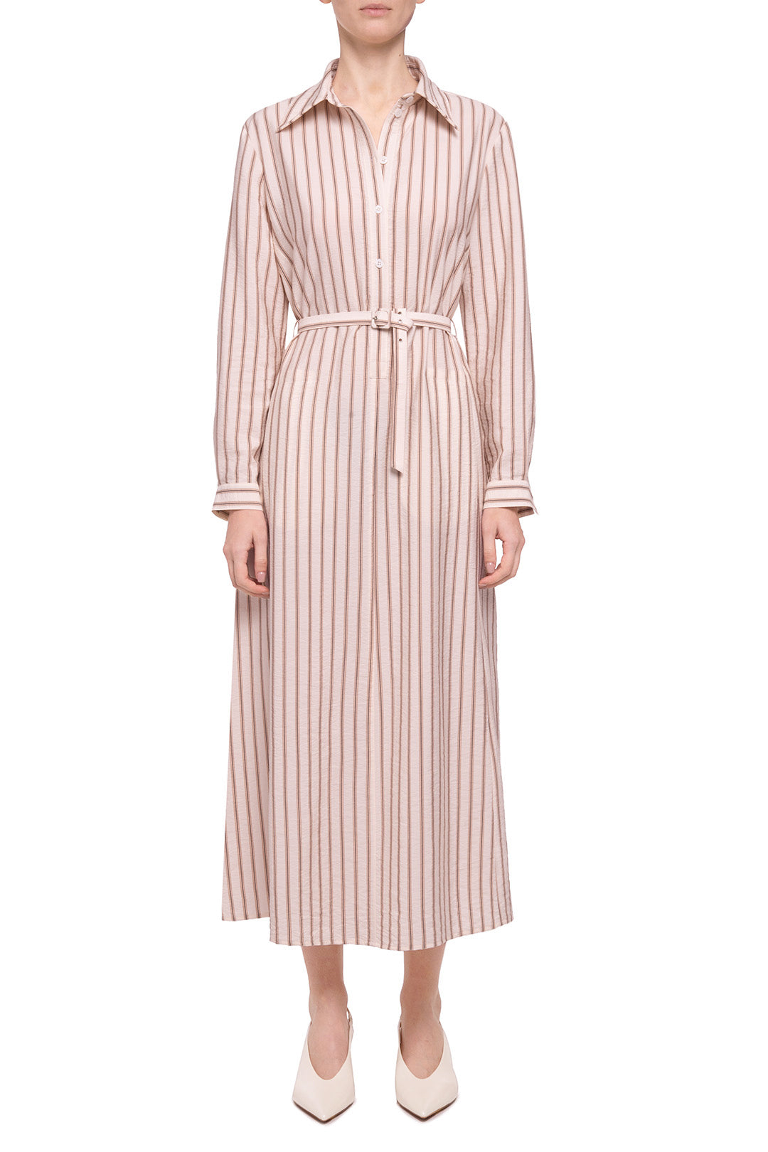 Beige striped shirt dress with removable detail