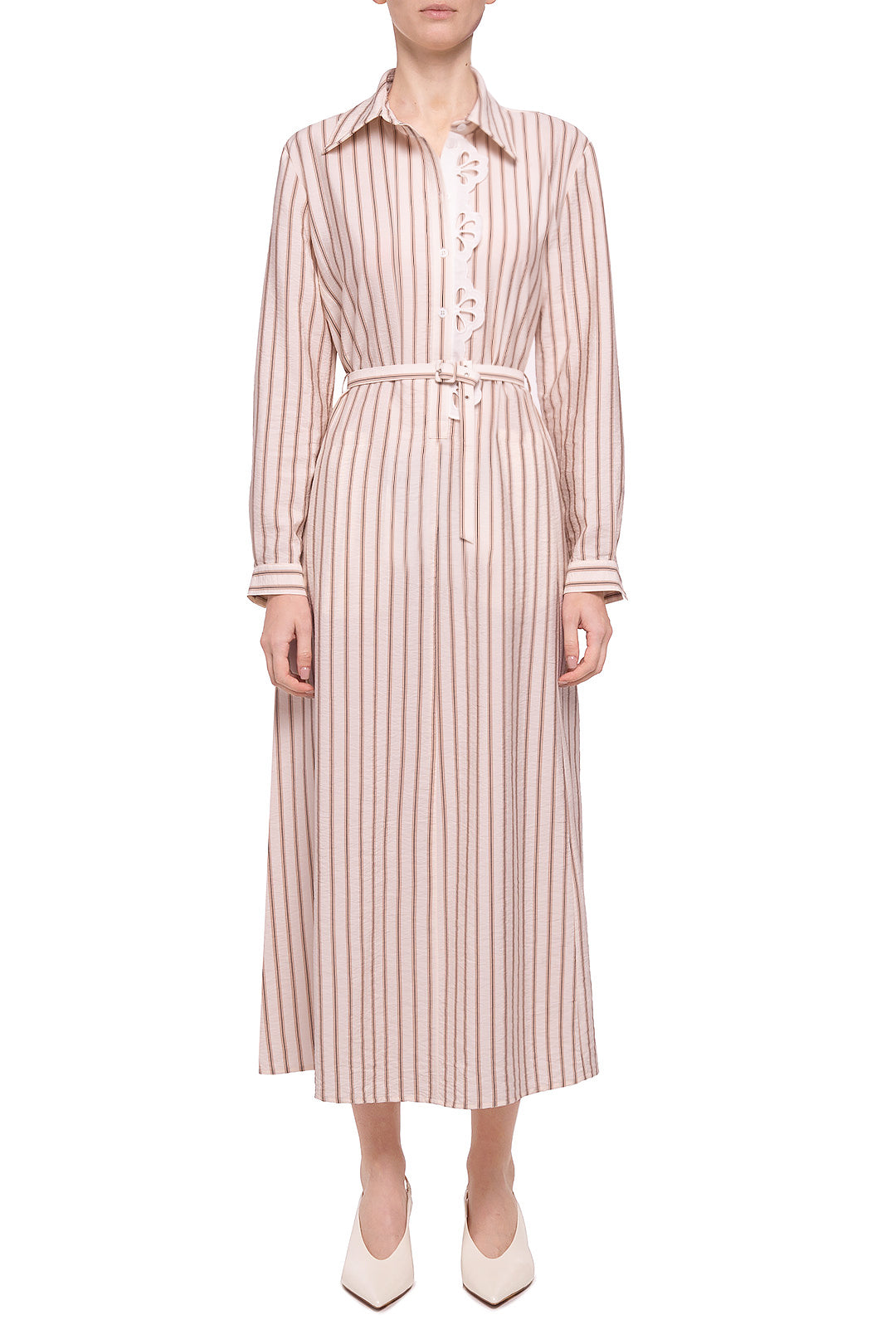 Beige striped shirt dress with removable detail