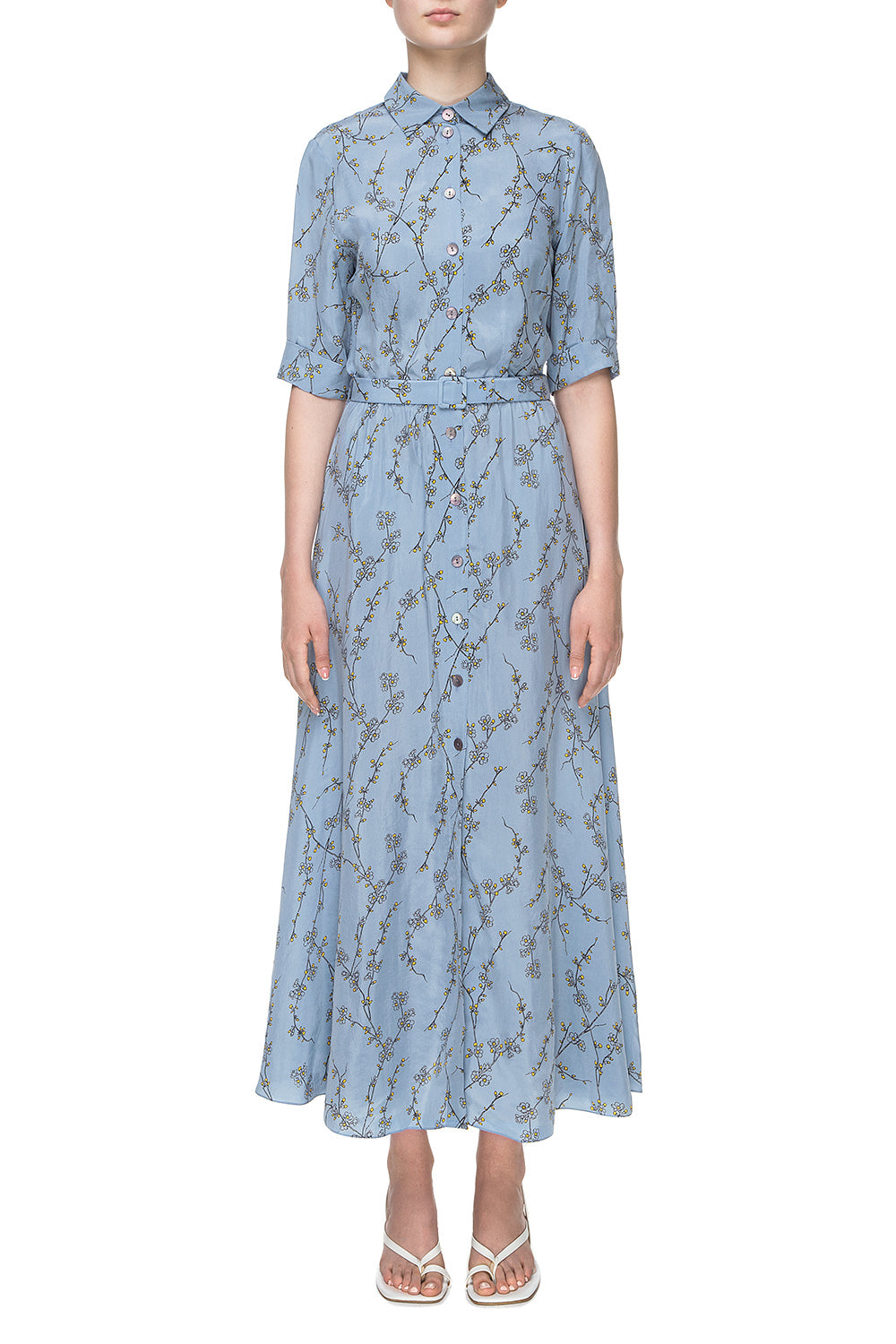 Blue floral printed shirt dress