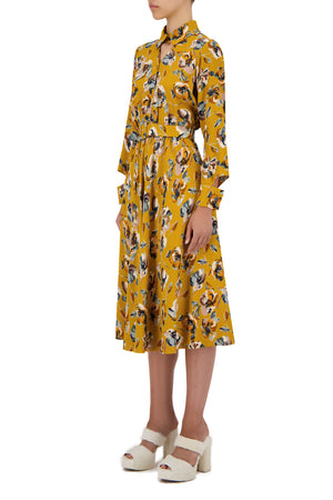 Yellow floral printed shirt dress with a triangular neckline