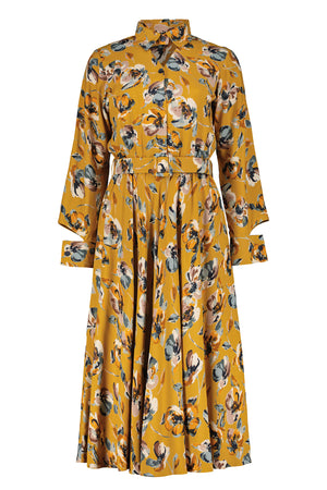 Yellow floral printed shirt dress with a triangular neckline